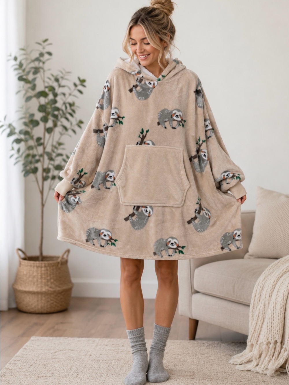 Dakota Fleece Cozy Oversized Fleece Hoodie Blanket  in Sloth Print
